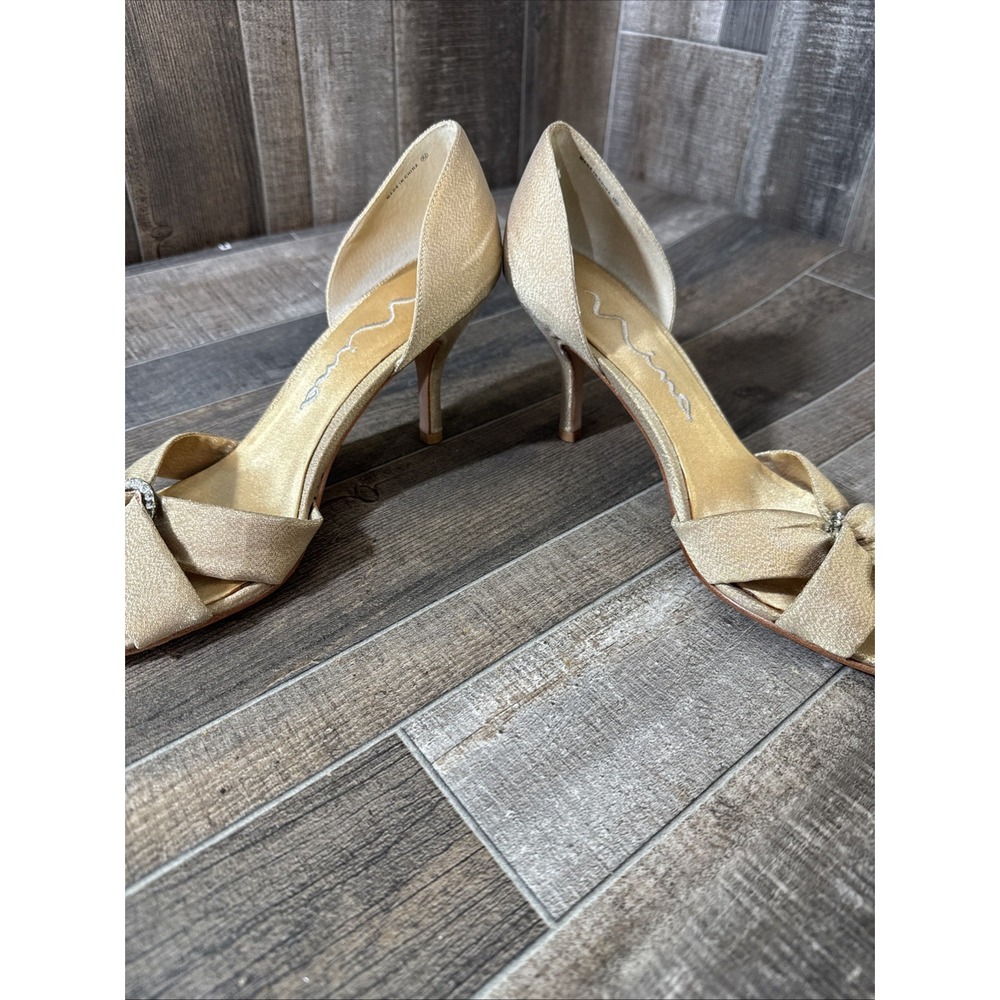 Nina Malila-GS Heels 8.5M Gold Glimmer Bow‎ Open Toe Dress Shoes w/ Box - Picture 3 of 11